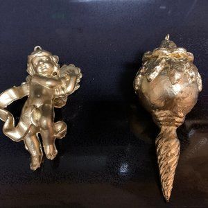 2 gold Christmas ornaments